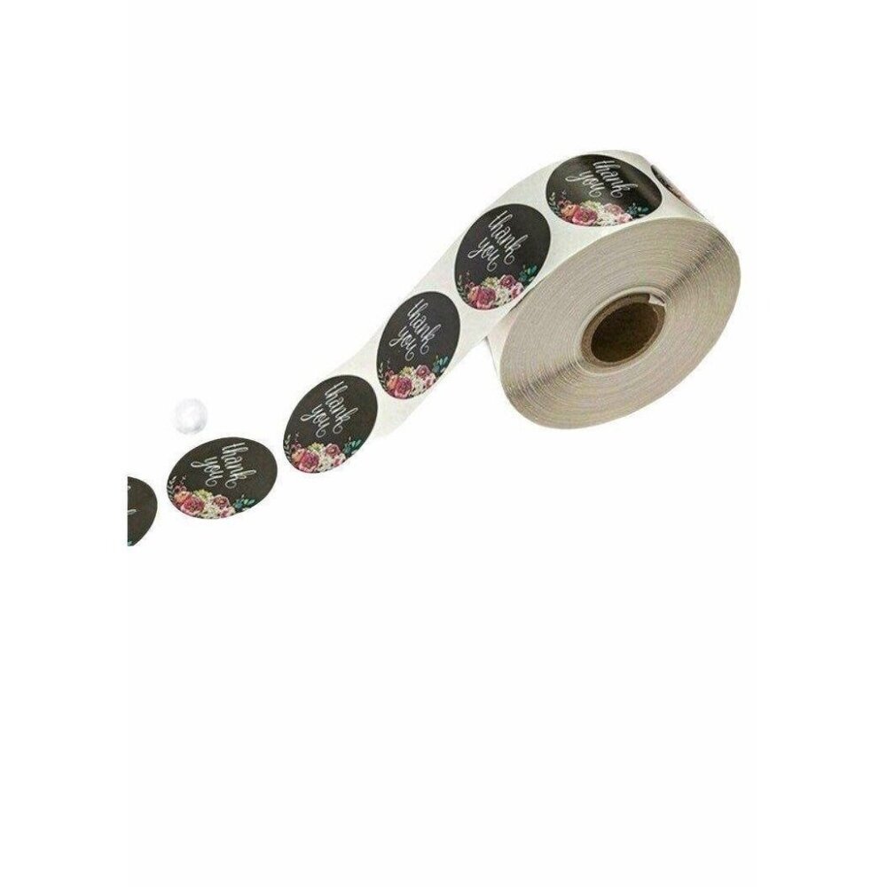 Thank You Adhesive Sticker Roll‎ Black Round Shape 1.5in Floral Design 500 Pcs